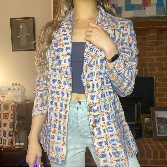 Vintage 1970s Daisy Floral Plaid 3 Button Statement Blazer Oversized Han… - Picture 1 of 15